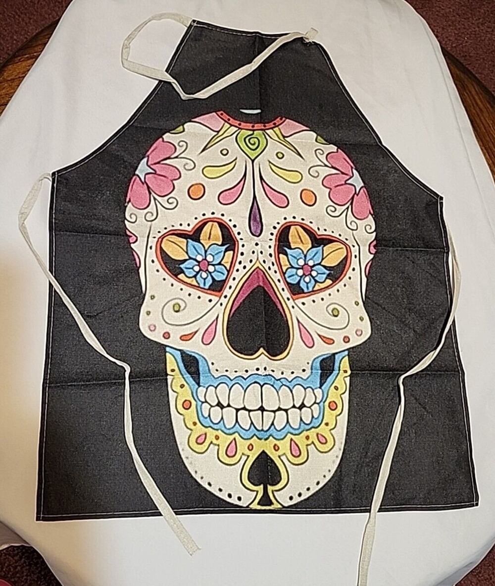 Kitchen Crafting Apron Canvas Over the Neck White Skull Floral Design